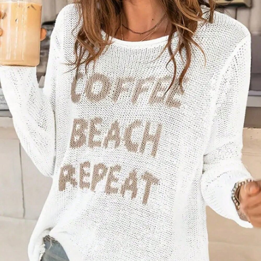 White Casual Women's Round Neck Long Sleeve Side Split Letter Knitted Sweater - Picture 3 of 4